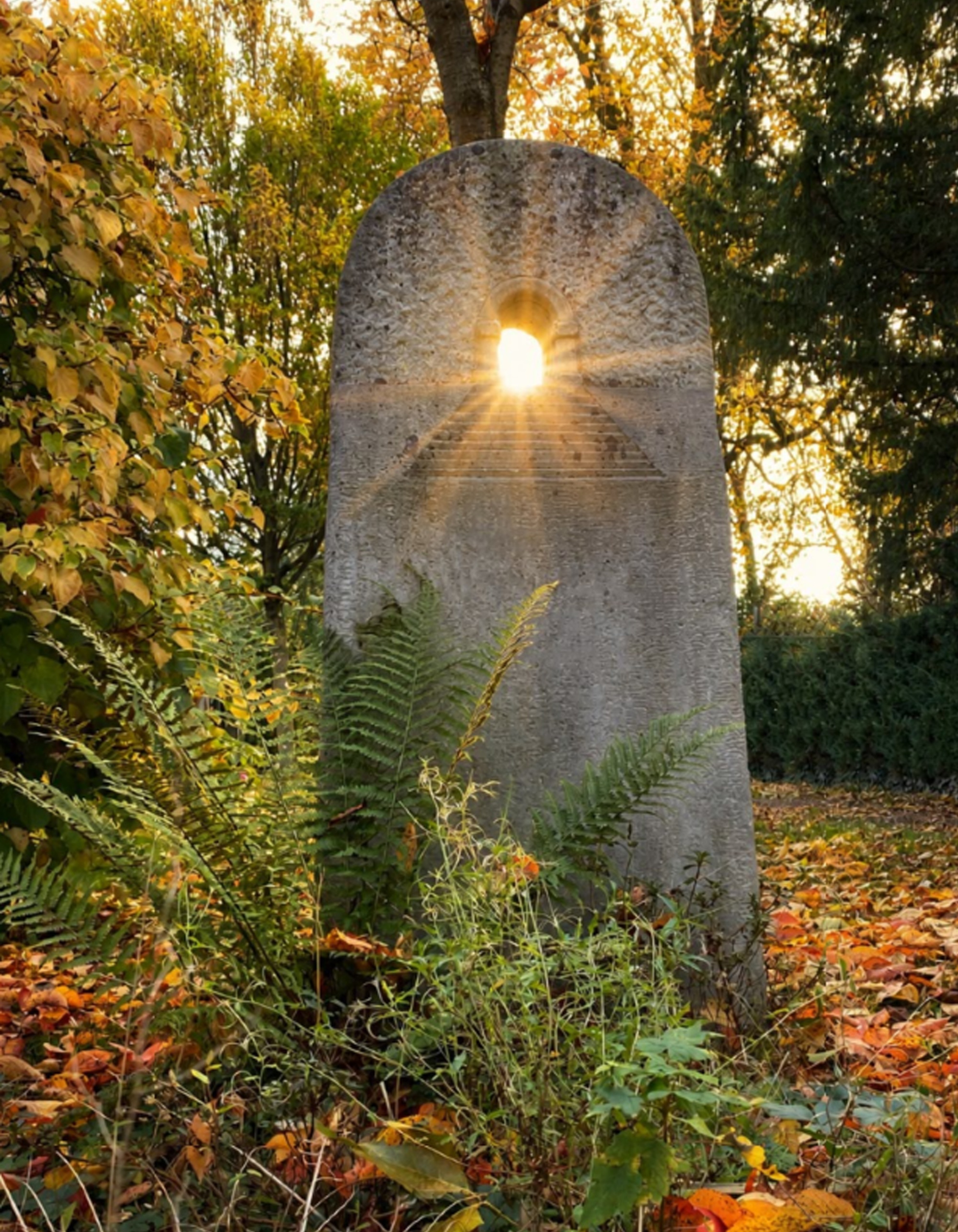 hoher halbrunder Grabstein auf einem Waldfriedhof. Im oberen Drittel des Steins ist ein ovales Loch, durch das die Sonne strahlt